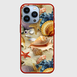Чехол для iPhone 13 Pro Морские раковины, кораллы, морские звёзды на песке, цвет: 3D-красный