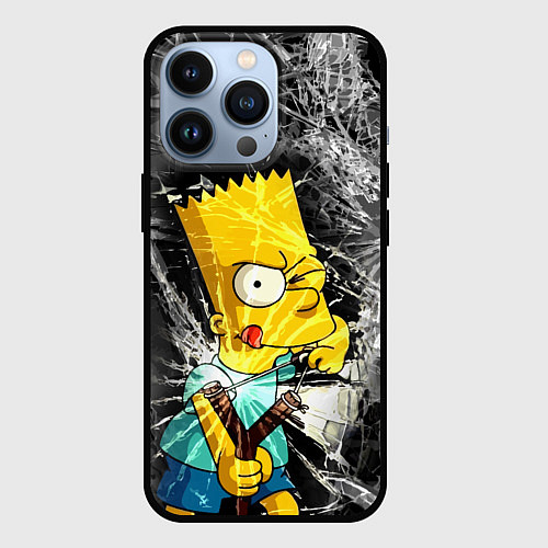 Чехол iPhone 13 Pro Барт Симпсон разбил из рогатки стекло / 3D-Черный – фото 1