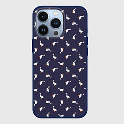 Чехол для iPhone 13 Pro Гуси на синем паттерн, цвет: 3D-тёмно-синий
