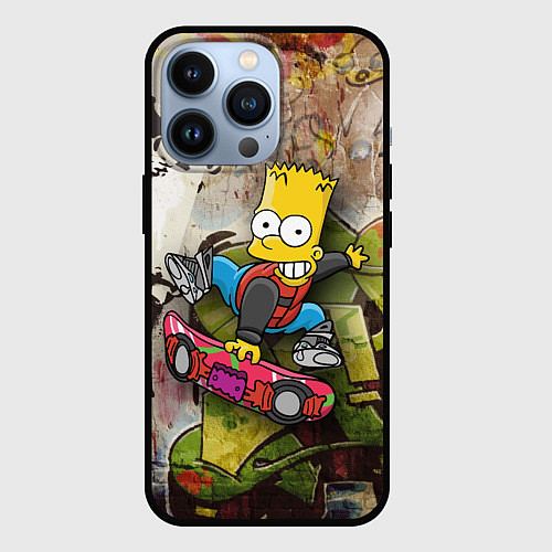 Чехол iPhone 13 Pro Скейтбордист Барт Симпсон на фоне граффити / 3D-Черный – фото 1