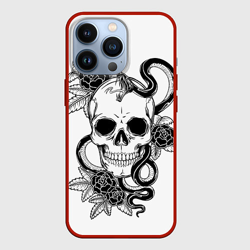 Чехол iPhone 13 Pro Череп и Мамба и чёрные розы / 3D-Красный – фото 1