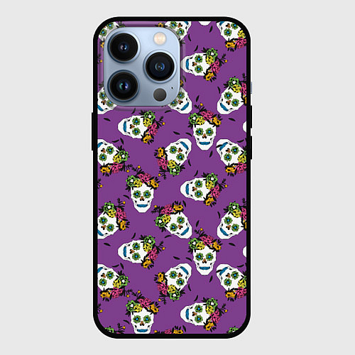 Чехол iPhone 13 Pro Сахарные черепа на фиолетовом паттерн / 3D-Черный – фото 1