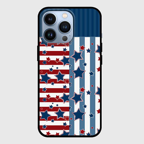 Чехол iPhone 13 Pro Blue stars on a striped pattern / 3D-Черный – фото 1