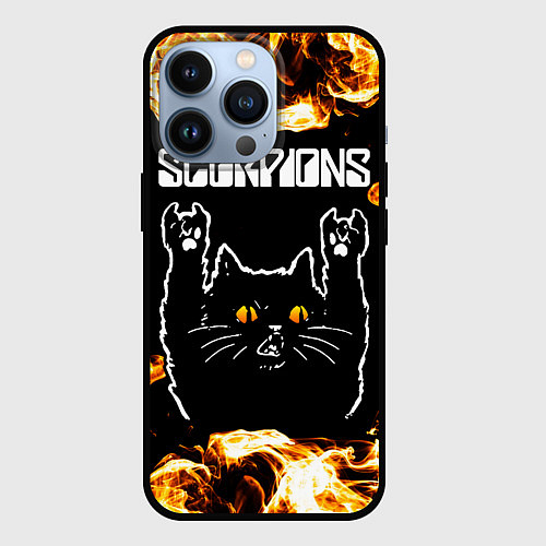 Чехол iPhone 13 Pro Scorpions рок кот и огонь / 3D-Черный – фото 1
