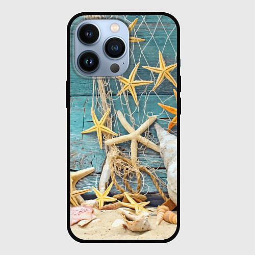 Чехол iPhone 13 Pro Натюрморт из сети, морских звёзд и ракушек - лето / 3D-Черный – фото 1