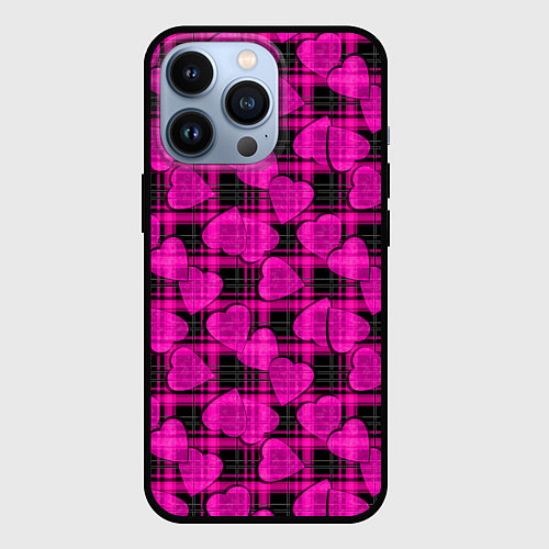 Чехол iPhone 13 Pro Black and pink hearts pattern on checkered / 3D-Черный – фото 1