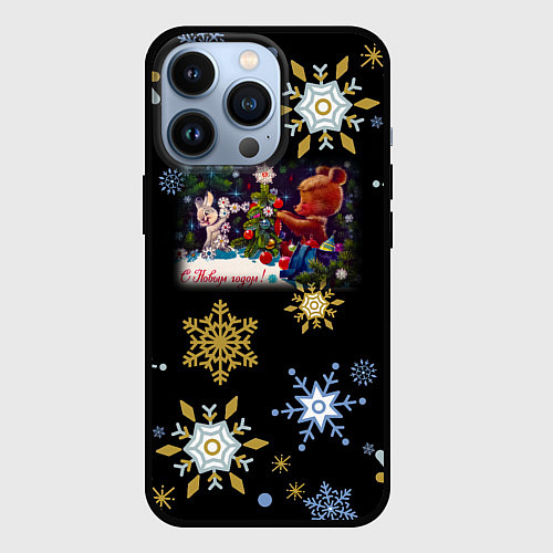 Чехол iPhone 13 Pro Новый год мишка и зайчик украшают ёлку / 3D-Черный – фото 1