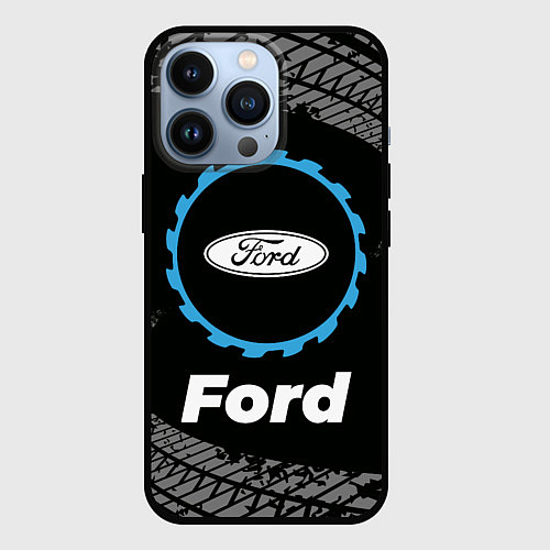 Чехол iPhone 13 Pro Ford в стиле Top Gear со следами шин на фоне / 3D-Черный – фото 1