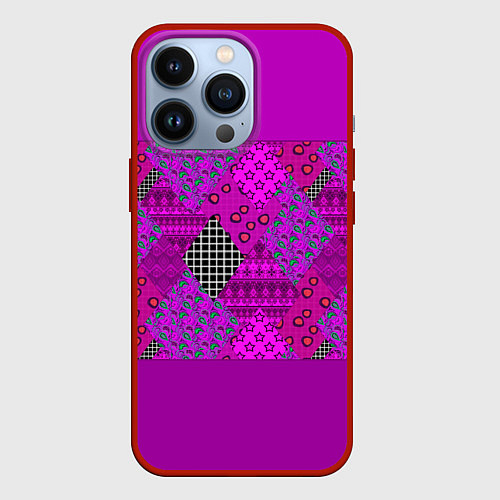 Чехол iPhone 13 Pro Малиновый комбинированный узор пэчворк / 3D-Красный – фото 1