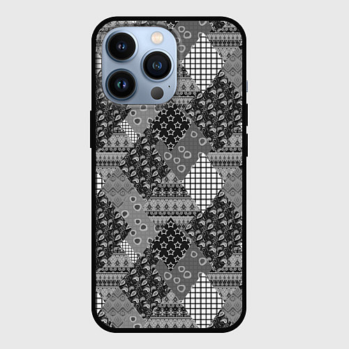 Чехол iPhone 13 Pro Black and White Ethnic Patchwork Pattern / 3D-Черный – фото 1