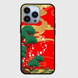 Чехол для iPhone 13 Pro Японский пейзаж на красном, цвет: 3D-черный