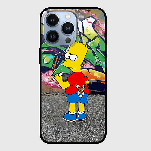 Чехол iPhone 13 Pro Хулиган Барт Симпсон на фоне стены с граффити / 3D-Черный – фото 1