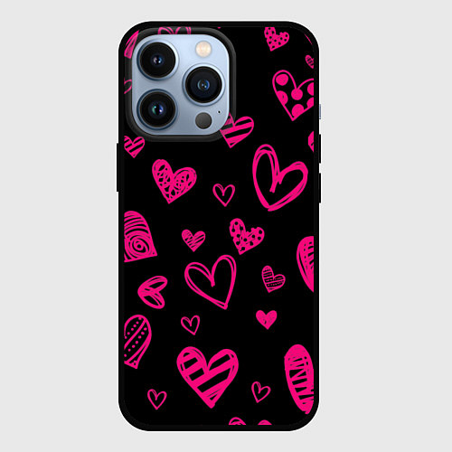 Чехол iPhone 13 Pro Розовые сердца / 3D-Черный – фото 1