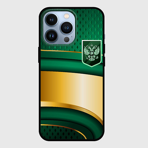 Чехол iPhone 13 Pro Герб России на зеленой абстракции / 3D-Черный – фото 1