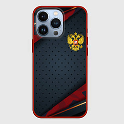 Чехол iPhone 13 Pro Герб России черно-красный камуфляж