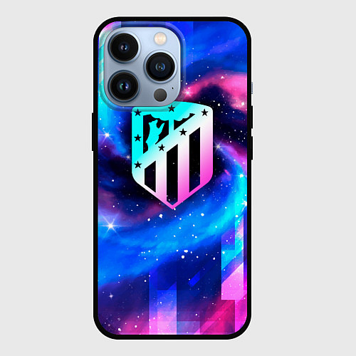 Чехол iPhone 13 Pro Atletico Madrid неоновый космос / 3D-Черный – фото 1