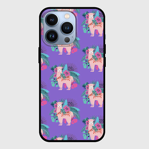 Чехол iPhone 13 Pro Розовая альпака с тропическими листьями и цветами / 3D-Черный – фото 1