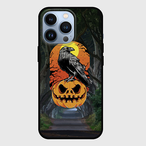 Чехол iPhone 13 Pro Ворон, сидящий на тыкве - Halloween / 3D-Черный – фото 1