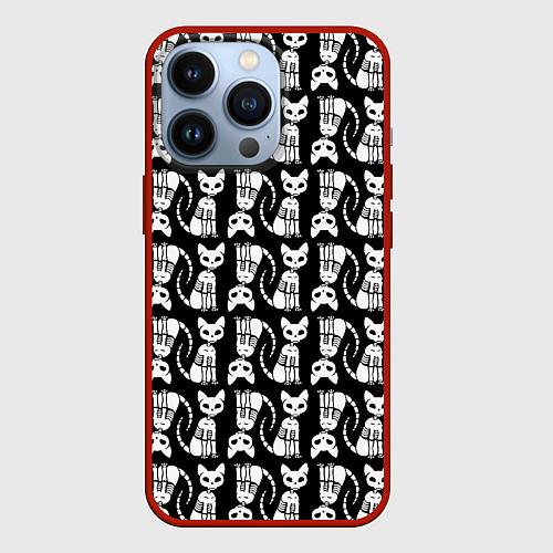 Чехол iPhone 13 Pro Скелет кошки - Halloween pattern / 3D-Красный – фото 1