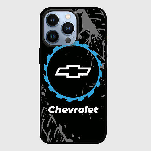 Чехол iPhone 13 Pro Chevrolet в стиле Top Gear со следами шин на фоне / 3D-Черный – фото 1