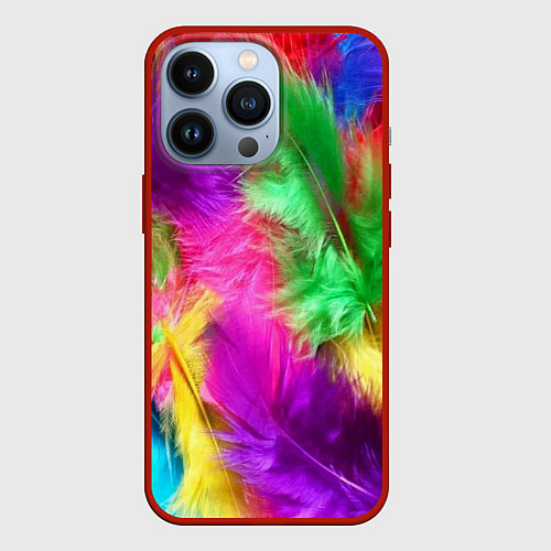 Чехол iPhone 13 Pro Яркие разноцветные перья / 3D-Красный – фото 1