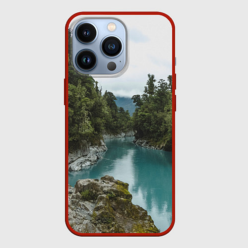 Чехол iPhone 13 Pro Река, лес и скалы / 3D-Красный – фото 1