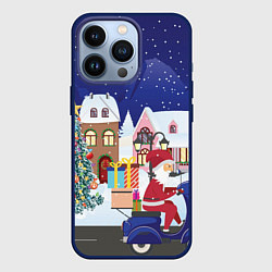 Чехол для iPhone 13 Pro Дед Мороз едет на скутере с подарками в Новогоднюю, цвет: 3D-тёмно-синий