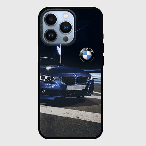 Чехол iPhone 13 Pro BMW на ночной трассе / 3D-Черный – фото 1