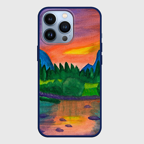 Чехол iPhone 13 Pro Закат на реке / 3D-Тёмно-синий – фото 1