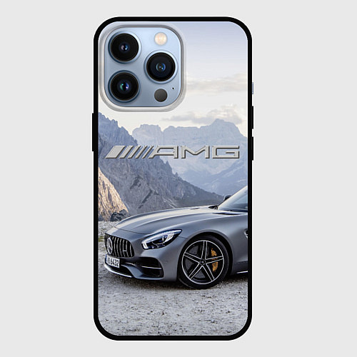Чехол iPhone 13 Pro Mercedes AMG V8 Biturbo cabriolet - mountains / 3D-Черный – фото 1
