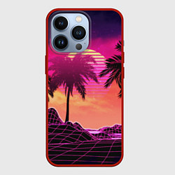 Чехол для iPhone 13 Pro Пальмы и пляж в розовом закате ретро дизайн, цвет: 3D-красный