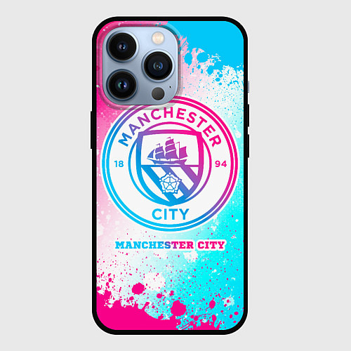 Чехол iPhone 13 Pro Manchester City neon gradient style / 3D-Черный – фото 1