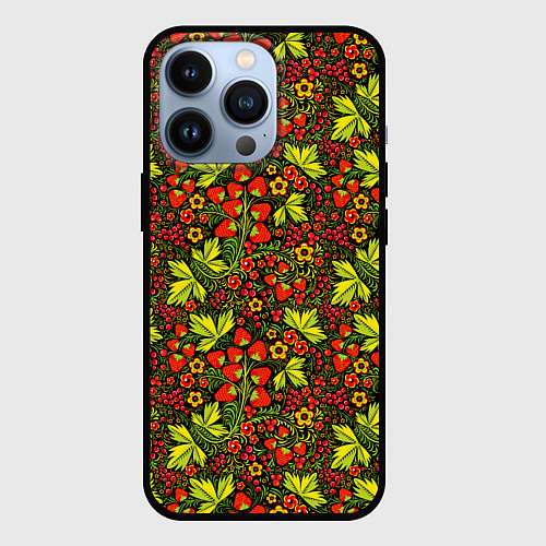Чехол iPhone 13 Pro Хохлома - клубника и рябина / 3D-Черный – фото 1