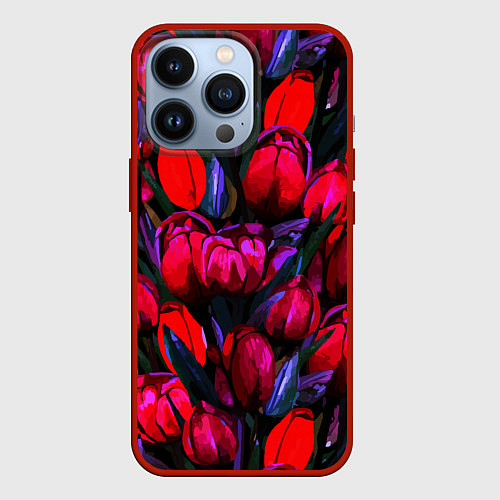 Чехол iPhone 13 Pro Тюльпаны - поле красных цветов / 3D-Красный – фото 1