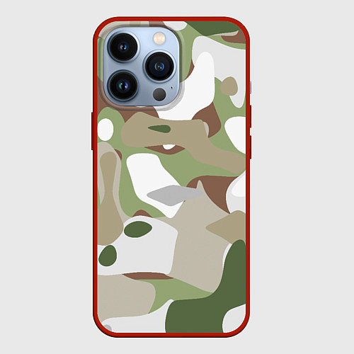 Чехол iPhone 13 Pro Камуфляж зимний лес крупный / 3D-Красный – фото 1