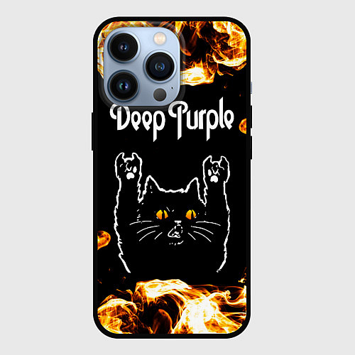 Чехол iPhone 13 Pro Deep Purple рок кот и огонь / 3D-Черный – фото 1