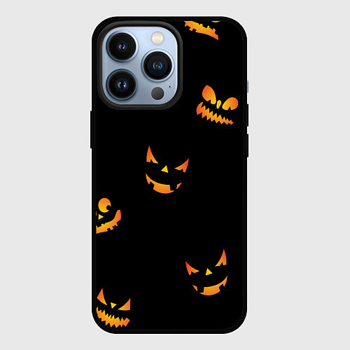 Чехол iPhone 13 Pro Halloween горящие тыквы / 3D-Черный – фото 1