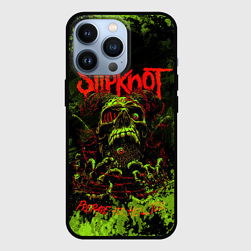 Чехол iPhone 13 Pro Slipknot green череп / 3D-Черный – фото 1