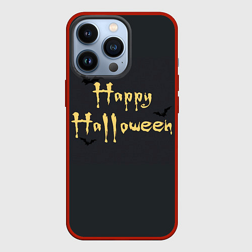 Чехол iPhone 13 Pro Happy Halloween надпись с летучими мышами / 3D-Красный – фото 1
