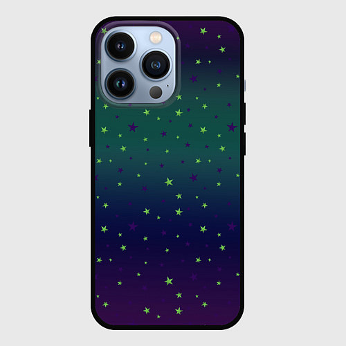 Чехол iPhone 13 Pro Неоновые зеленые и сиреневые звезды на темно зелен / 3D-Черный – фото 1