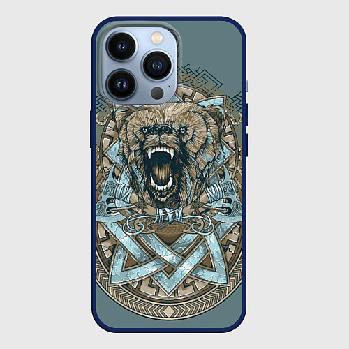 Чехол iPhone 13 Pro Голова медведя-викинга / 3D-Тёмно-синий – фото 1