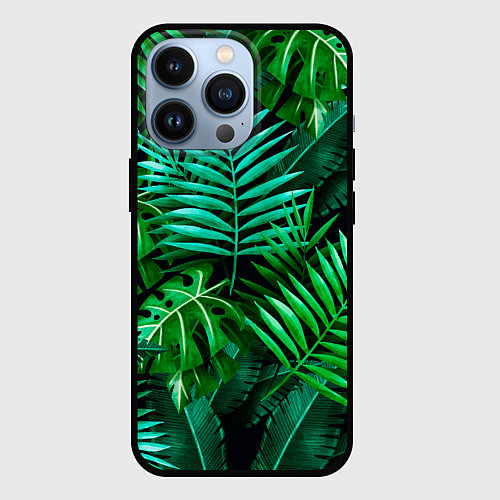 Чехол iPhone 13 Pro Тропические растения - текстура / 3D-Черный – фото 1