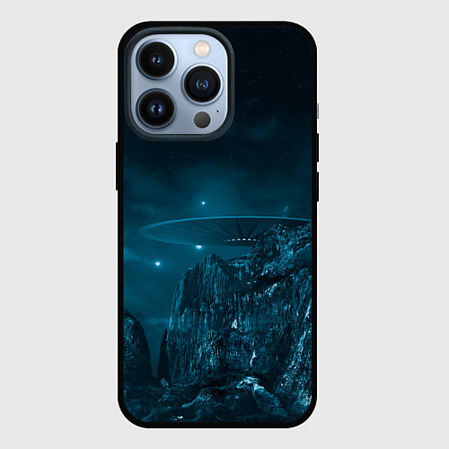 Чехол iPhone 13 Pro Синий космос, горы и нло / 3D-Черный – фото 1
