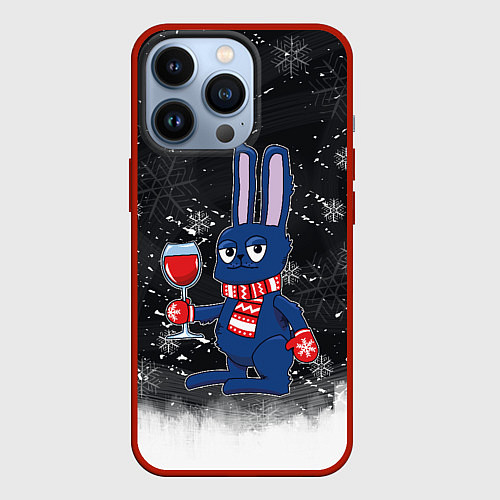 Чехол iPhone 13 Pro Новогодний кролик с бокалом / 3D-Красный – фото 1