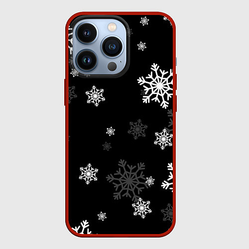 Чехол iPhone 13 Pro Новогодние снежинки / 3D-Красный – фото 1