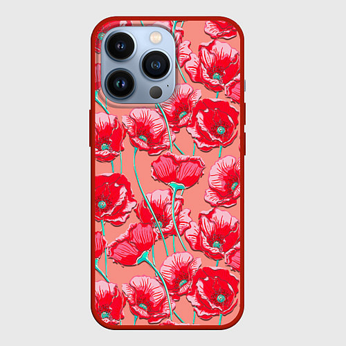 Чехол iPhone 13 Pro Красные маки - паттерн / 3D-Красный – фото 1