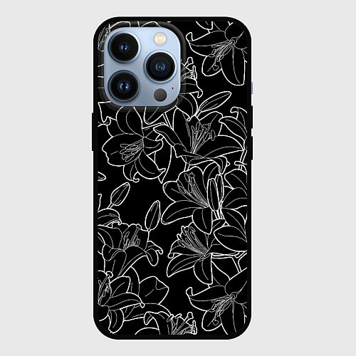 Чехол iPhone 13 Pro Нежные цветы - лилии: черно белыи / 3D-Черный – фото 1