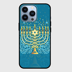 Чехол iPhone 13 Pro Золотая менора с синим цветочным орнаментом