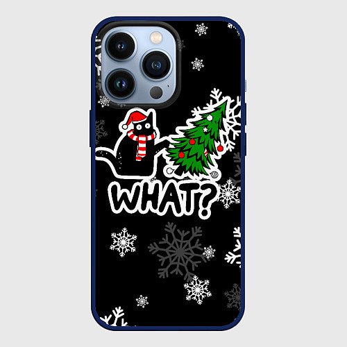 Чехол iPhone 13 Pro What котик роняет ёлку / 3D-Тёмно-синий – фото 1