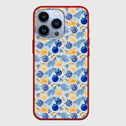 Чехол для iPhone 13 Pro Шарики новогодние ёлочные, синие, цвет: 3D-красный